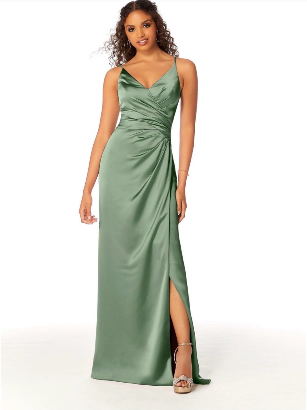 Morilee Silky Satin V-Neck A-Line Dress in Sage Green